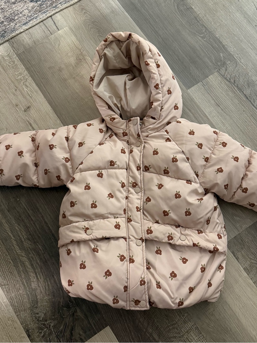 ZARA Kids Hooded Puffer Jacket in Light Pink with Brown Print